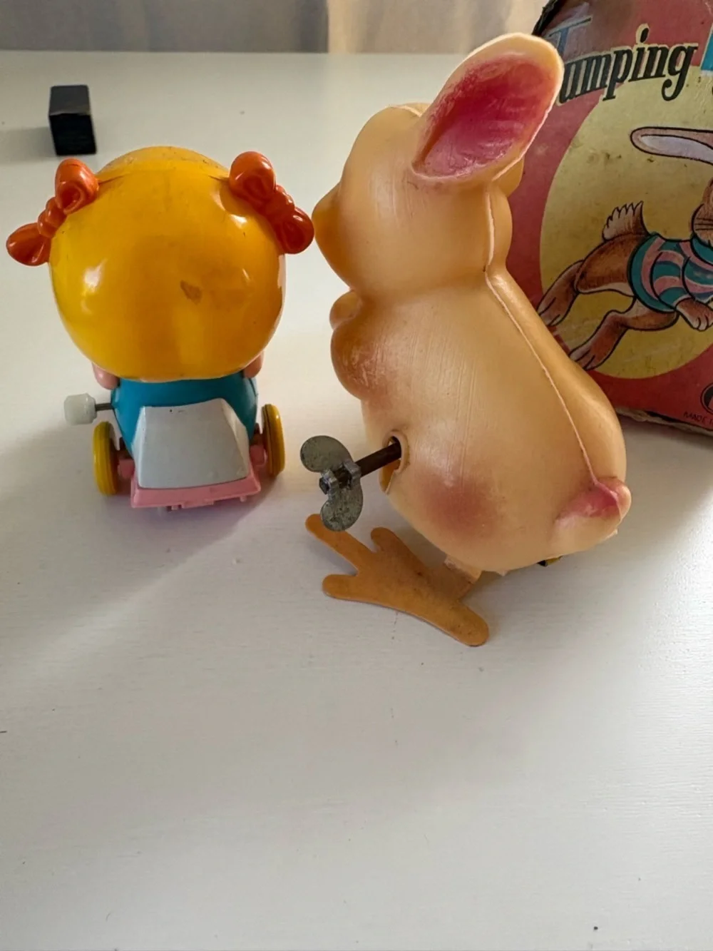 Vintage Wind Up Toy Lot Japan Taiwan Bunny Jumping Bunny + Girl Tricycle Toy